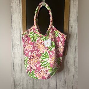 Barbara Gerwit Tropical Beach Pink Green Turtle Canvas Vacation Travel Double Ha